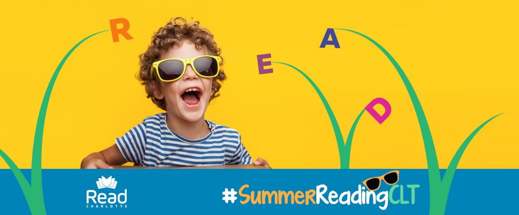 Boy in sunglasses. Read Charlotte logo, #SummerReadingCLT