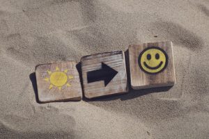 Three blocks on sand with a sun, arrow, and smiley face on them.