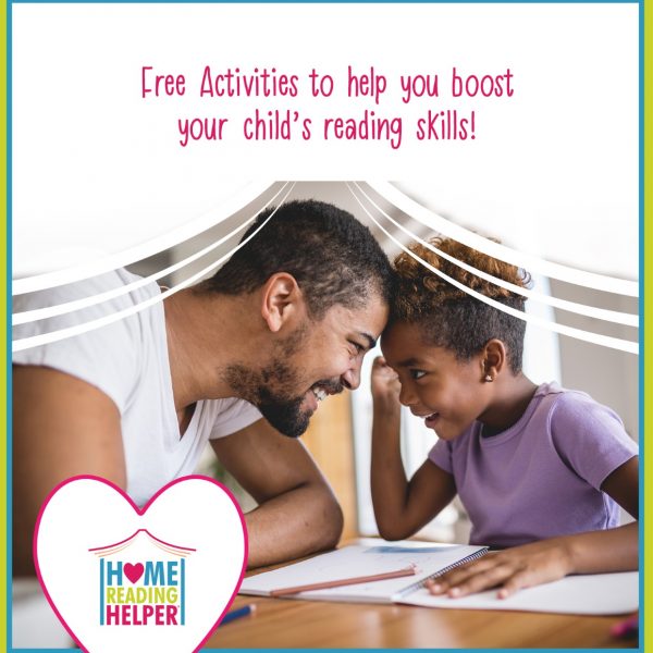 photo of father and son at table together with words, "free activities to help you boost your child's reading skills!"