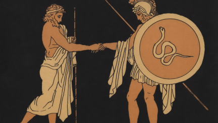 Two Ancient Grecian warriors with spears and a shield
